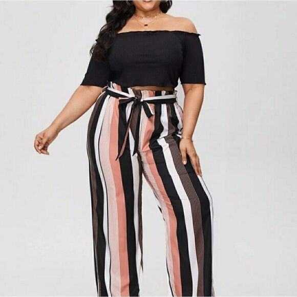 Plus Rib Tee & Striped Straight Pants - Picture 2 of 8